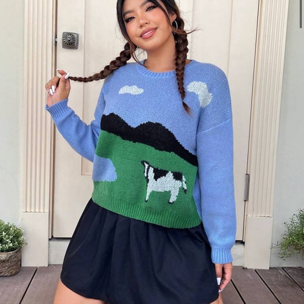 Blue Color Block Cow Pattern Drop Shoulder Sweater